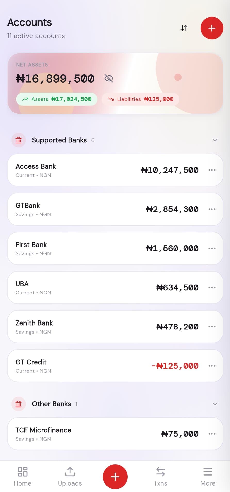 Moneytaw accounts screen listing multiple connected Nigerian bank accounts