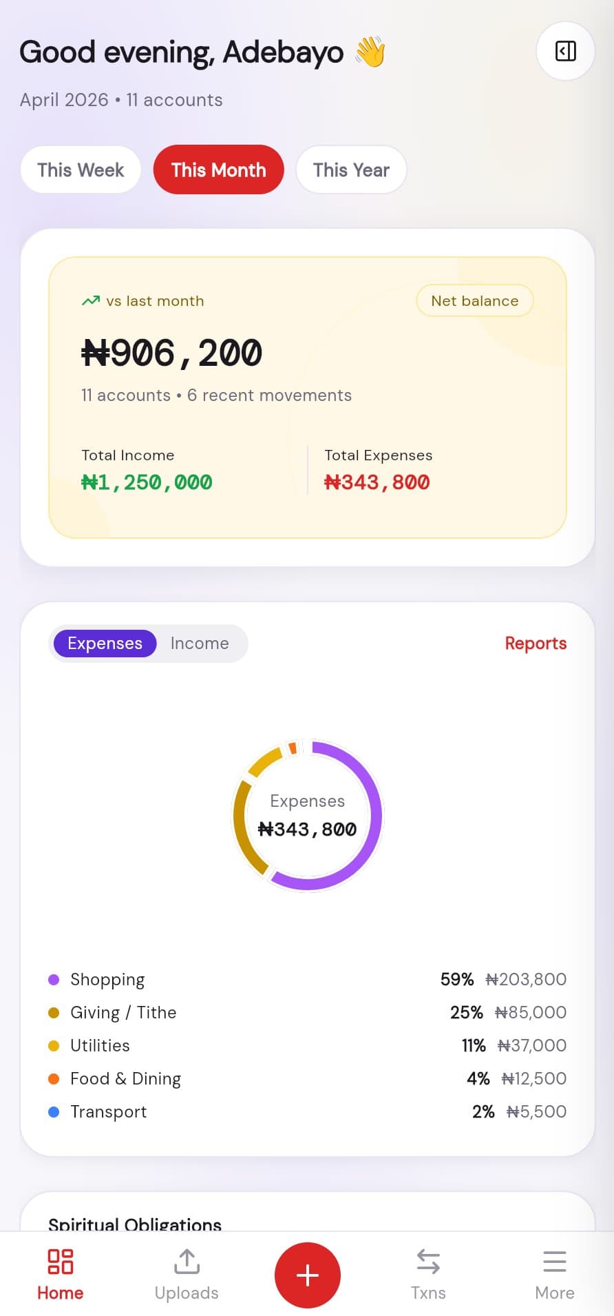 Moneytaw dashboard showing net worth, accounts and recent AI-categorized transactions
