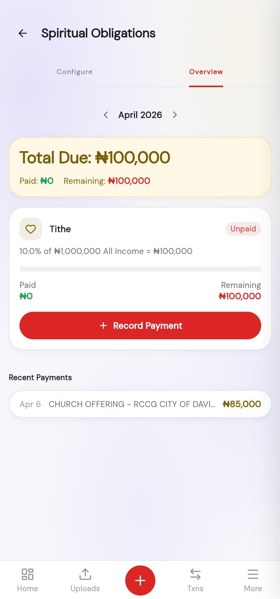 Moneytaw giving screen tracking tithe and zakat obligations