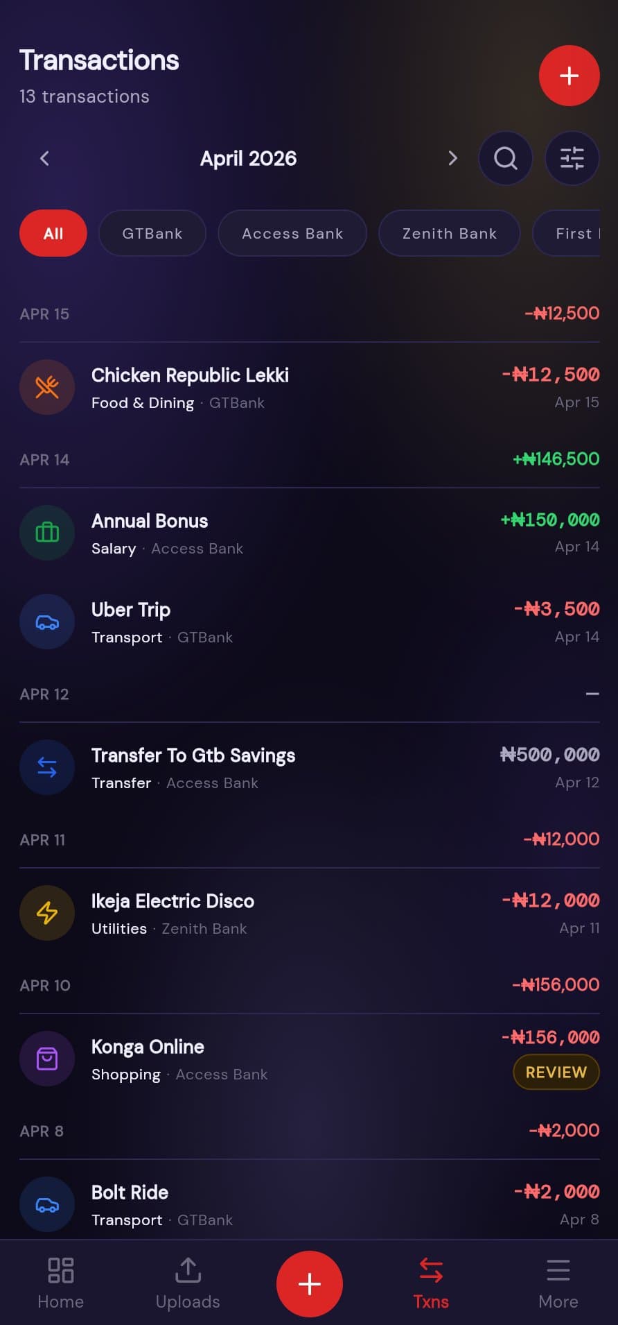 Moneytaw transactions list with AI-assigned categories